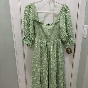 Aura Green Midi Sundress with Square Neck and Bishop Sleeves